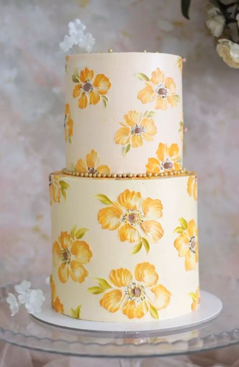 21. Yellow Flower Two Tiers Buttercream cake is a classic and delicious choice for any celebration, and the possibilities for decorating with buttercream frosting... Decorating With Buttercream Frosting, Cake Design Aesthetic, Flower Cake Ideas, Korea Cake, Different Types Of Cakes, Cupcake Decorating Tips, Buttercream Flower, Buttercream Flower Cake, Garden Cakes