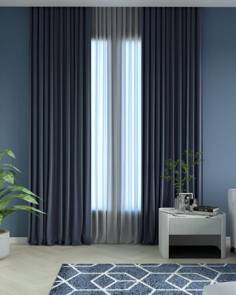 Dark Blue Curtains Bedroom, Navy Blue Bedroom Walls, Blue Curtains Bedroom, Blue Curtains Living Room, Dark Blue Curtains, Dark Blue Rooms, Curtain Colors, Light Blue Curtains, Blue And White Curtains