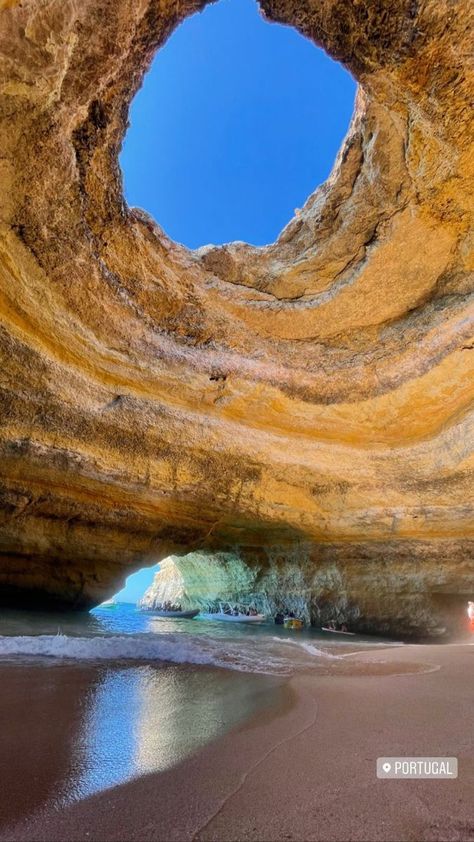 Romantic travel destinations Portugal Cave Beach, Bengali Cave Portugal, Ocean Cave Aesthetic, Beaches In Portugal, South Of Portugal, Portugal Vision Board, Portugal Aesthetic Albufeira, Benagil Cave Portugal, Life In Portugal