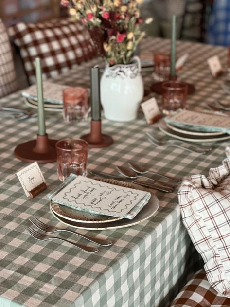 Gingham Table Setting, Goose Party, Dinner Hosting, Gingham Party, Dinner Party Table Settings, Sage Green Aesthetic, Heather Taylor, Dinner Host, Stationery Brand