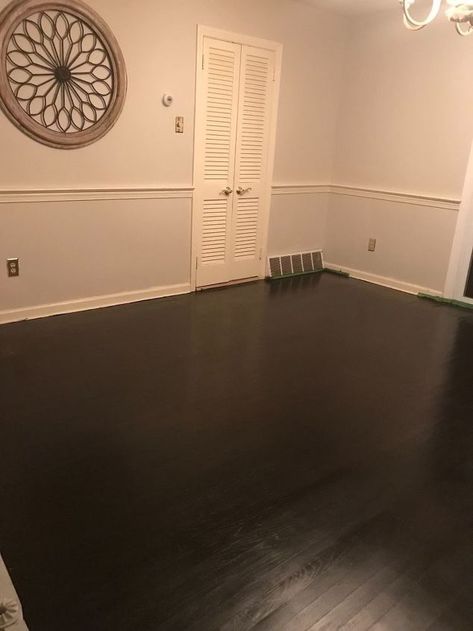 We bought a new house in July. Our floors were painted with a buttery color yellow. They were not in good condition to begin with and the estimates to replace them were close to $2k for our dining room/living room combination. I decided to take matters into my own hands and find an easier, more cost effective solution. The floors were painted, but I really didn’t want to repaint them. I also didn’t want to sand them down and restain them. So I did a little research on using gel stain. Unlike reg Painted Wood Floors Living Room, Painted Floors Wood Old Houses, Painted Old Wood Floors, Gel Stain Wood Floors, Painting Old Wood Floors, Wood Floor Paint Colors, Painted Floor Colors, Gel Stain Floor, Painted Hardwood Floors Old Houses