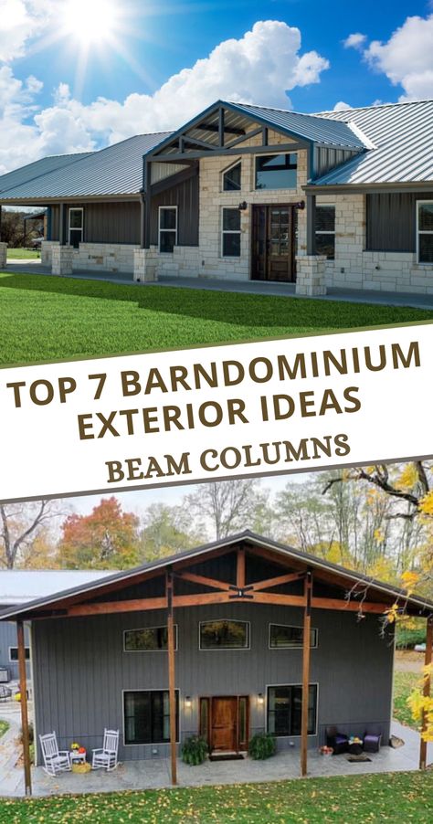 In this article, we have covered the top 7 barndominium exterior ideas to help you get started on your dream home. Here, you will find inspiration and ideas for your own custom home that will get you thinking about what your perfect barndominium will look like. Explore them at: barndominiumlife.com Pictures Of Barndominiums, Barndominium With Rock Exterior, Metal Home Exterior Ideas, Barndominium Outside Ideas, Barndominium With Brick Exterior, Outside Barndominium Ideas, Metal Barndominium Exterior, Barndominium Ideas Exterior Modern, Rustic Barndominium Ideas Exterior