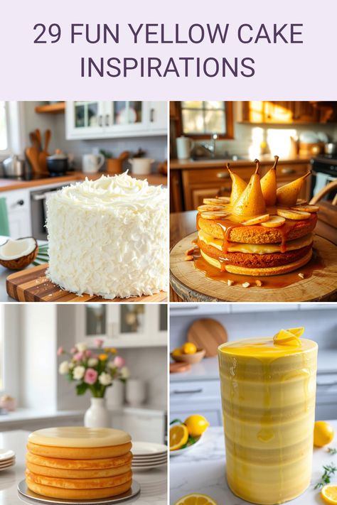 Explore 4 stunning images showcasing 29 cake ideas that radiate cheer, featuring creamy coconut, caramelized pear and almond, dreamy custard, and lemon curd layer cakes. Perfect for any celebration! Yellow Cake Ideas, Layered Cupcakes, Yellow Cakes, Caramelized Pear, Pear And Almond Cake, Lavender Cake, Almond Cake, Gold Cake, Yellow Cake