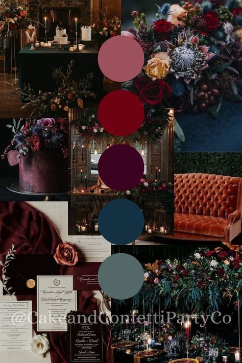 Black Jewel Tone Wedding, Romance Themed Wedding, Darker Wedding Colors, Moody Dark Color Palette, Dark Jewel Tone Wedding Color Palette, Jewel Toned Wedding Party, Fall Dark Wedding Color Schemes, Red Jewel Tone Color Palette, Jewel Tone Party Decor