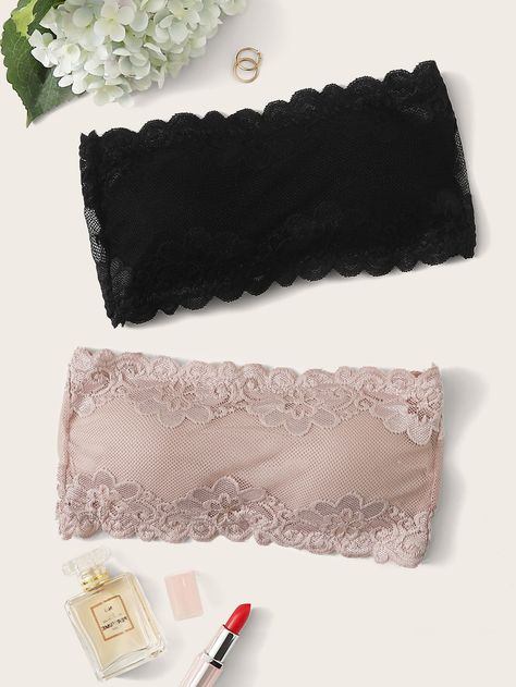 Multicolor Romantic   Lace Plain Sets Embellished High Stretch  Women Intimates Chica Punk, Glamour Decor, Lace Bandeau Bra, Women Bras, Lace Bandeau, Trendy Outfits For Teens, Small Clothes, Bandeau Bra, Romantic Lace