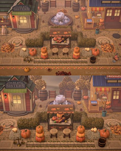 Acnh Leaf Pile Design Code, Animal Crossing Store Layout, Acnh Fall Towncore, Shops Acnh Ideas, Animal Crossing Town Inspiration, Fall Ideas Acnh, Fall Theme Animal Crossing, Acnh Fall Nooks Cranny, Acnh Town Island