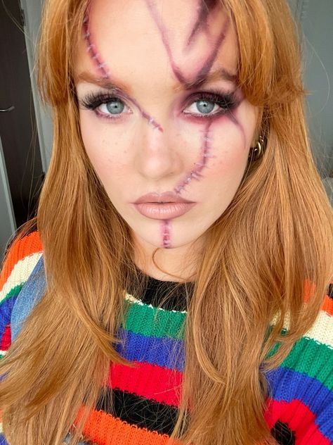 Chunky Makeup Halloween, Chucky Shirt Outfit, Girl Chucky Halloween Costume, Halloween Chucky Makeup, Cute Chucky Makeup, Cute Chucky Costume Women, Women Chucky Costume, Chucky Costume Makeup, Chucky Makeup Female Easy