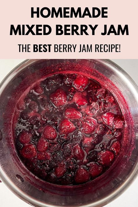 Overhead close up view of mixed berry jam simmering in a saucepan. Mixed Fruit Jelly Recipe, Mixed Fruit Jam Recipe, Fruit Jelly Recipe, Berry Jam Recipe, Fruit Jam Recipes, Cherry Jam Recipes, Mixed Berry Jam, Homemade Buttermilk Biscuits, Jam Recipes Homemade