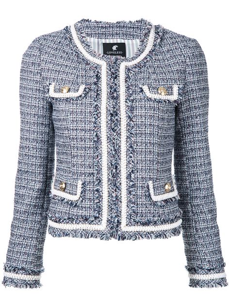 Chanel Jacket Outfit, Chanel Jacket Trims, Blue Cropped Jacket, Tweed Jacket Outfit, Jackets Cropped, Blue Tweed Jacket, Chanel Style Jacket, Chanel Tweed Jacket, Cropped Jackets