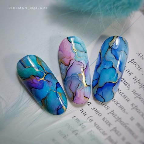 Ocean Marble Nails, Aquarelle Nail Art, Nail Douyin, Water Nail Art, Kylie Nails, Diy Decals, Water Nails, Water Color Nails, Marble Nail Designs