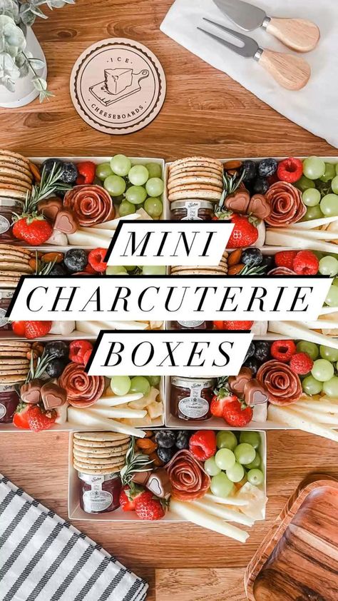 Mini Charcuterie Boxes in 2022 | Charcuterie inspiration, Food gifts, Party food appetizers Small Party Platter Ideas, How To Make A Mini Charcuterie Board, Individual Mini Charcuterie Box Ideas, Charcuterie Box Individual, Individual Snack Board, Individual Appetizer Boxes, To Go Charcuterie Board Ideas, Individual Charcuterie Board Ideas To Go, Individual Charcuterie Lunch Box Ideas