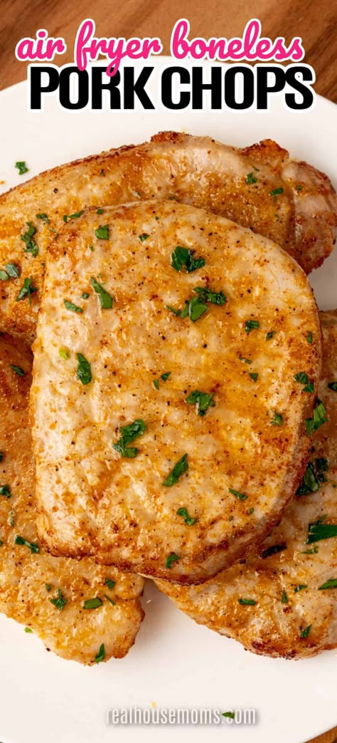 Tender, juicy, and oh so easy! Air Fryer Boneless Pork Chops are a savory, scrumptious, super easy weeknight dinner the whole family loves! #Realhousemoms #airfryer #boneless #porkchops #savory #easyrecipe #weekightdinner #familylove #summerrecipe #maindish Air Fryer Boneless Pork Chops Recipes, Tender Boneless Pork Chop Recipes, Pork Chops In The Air Fryer, Air Fryer Pork Chops Boneless, Butterfly Pork Chop Recipes, Air Fryer Boneless Pork Chops, Baked Boneless Pork Chop Recipes, Fried Boneless Pork Chops, Pork Loin Chops Recipes