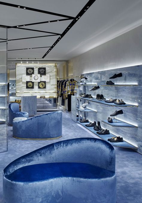 VERSACE MUNICH | CURIOSITY Versace Store, Store Plan, Nishat Linen, Commercial Display, Versace Bag, Versace Blue, Italian House, Spa Interior, Vip Room