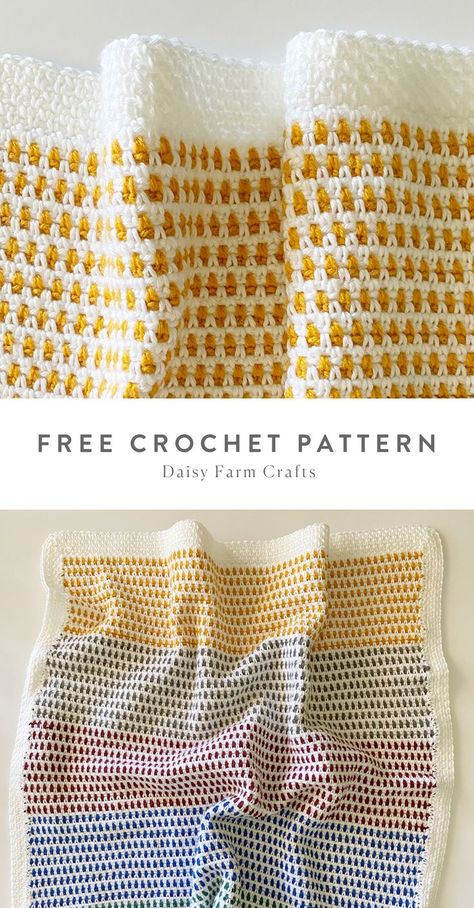 Baby Blanket Crochet Colors, Crochet Blanket Patterns Two Color, Moss Stitch Baby Blanket Crochet, Two Color Moss Stitch Crochet, Crochet Different Colors, Chunky Moss Stitch Crochet Blanket, Yellow And White Crochet Blanket, Crochet Stitches Two Colors, Crochet No Holes Blanket