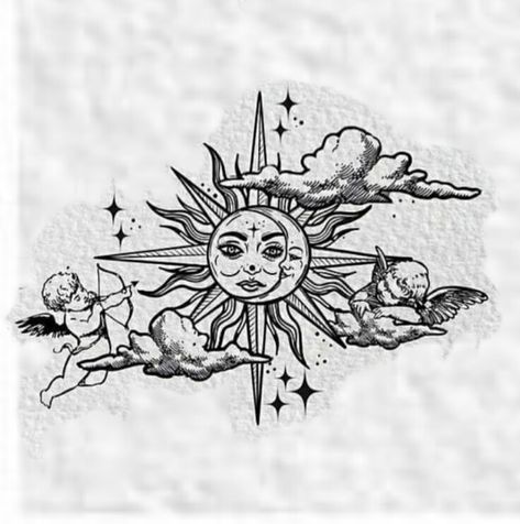 Angel And Sun Tattoo, Chest Tattoo Sun And Moon, Sun And Moon Lower Back Tattoo, Celestial Hip Tattoo, Chest And Stomach Tattoo Female, Cherub Drawing Tattoo, Spiritual Art Tattoo, Back Tattoo Sketch, Under Bust Tattoo