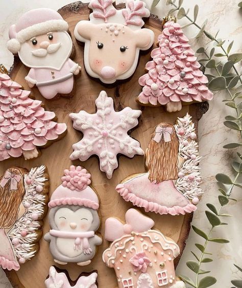 Christmas Cookie Art, Pink Christmas Cookies, Bakery Aesthetic, Decorated Christmas Cookies, Christmas Bakery, 7 October, Pink Color Palette, Pink Santa, Pastel Christmas