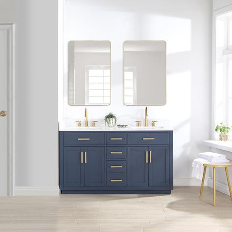 Everly Quinn Gavino 60'' Free Standing Double Bathroom Vanity with Stone Top & Reviews | Wayfair Ceramic Sinks, Stone Bath, Vanity Set With Mirror, Double Bathroom, Cultured Marble, Engineered Stone, Double Bathroom Vanity, Bathroom Vanity Set, Porcelain Flooring