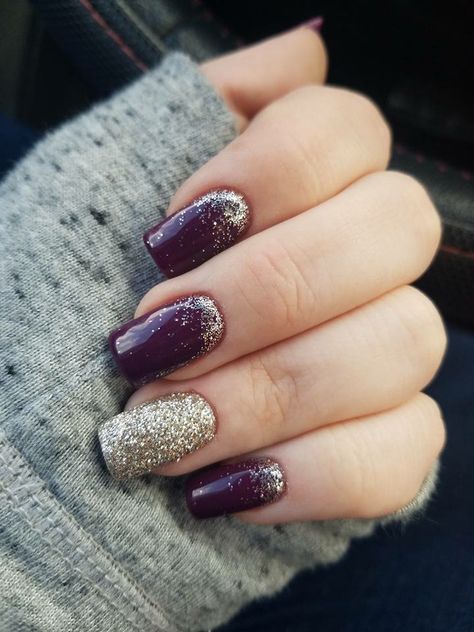 Dark Purple Christmas Nails, Purple Christmas Nail Designs, Purple Holiday Nails, Dark Purple And Silver Nails, Plum Gold Nails, Purple Sparkly Nails, Sparkly Dark Purple Nails, Gelish Nail Colours, Sparkly Nail Designs