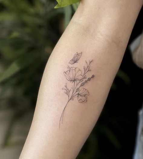 Poppy Tattoo Butterfly, Poppy Flower And Butterfly Tattoo, Lily And Poppy Tattoo, Small Name Tattoo, Wrap Around Wrist Tattoos, Delicate Flower Tattoo, Butterfly With Flowers Tattoo, Cute Simple Tattoos, Bouquet Tattoo