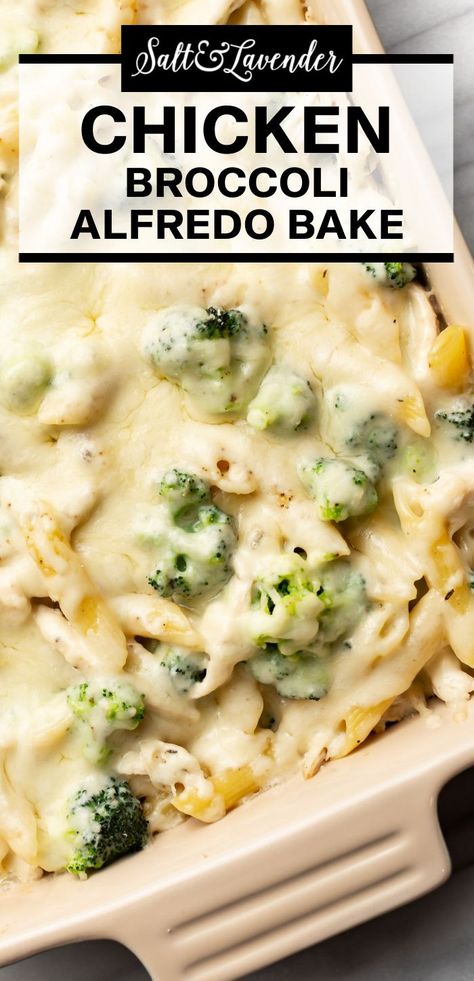 a casserole dish with cheesy pasta and text overlay that reads chicken broccoli alfredo bake Chicken And Broccoli Alfredo Bake, Chicken Broccoli Alfredo Bake, Broccoli Alfredo Bake, Alfredo Bake Recipe, Chicken And Broccoli Alfredo, Simple Chicken Alfredo Recipe, Healthy Chicken Alfredo, Baked Chicken Alfredo Pasta, Alfredo Chicken