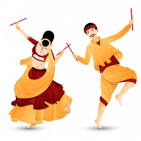 Young couple character dancing with dandiya sticks. Premium Vector | Premium Vector #Freepik #vector #background #banner #flyer #poster Dandiya Sticks, Dance Vector, Character Dance, Rajasthani Art, Dancing Drawings, Dance Paintings, Navratri Images, Indian Dance, Happy Navratri