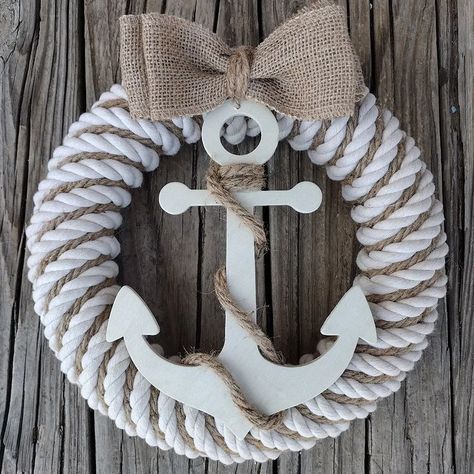 This nautical theme wreath is perfect for summertime! $33 #ribbonbranchcrafts #nautical #anchor #farmhouse #lake #lakelife #rope | Instagram Nautical Rope Crafts, Branch Crafts, Nautical Wreaths, Rope Wreath Diy, Sunflower Wreath Diy, Anchor Wreath, Beach Wreaths, Yarn Wreaths, Beach Crafts Diy