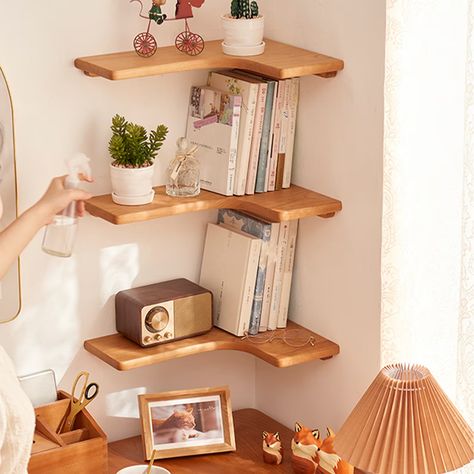 L Shaped Corner Shelf, Cute Corner Shelves, Cute Wooden Shelf, Corner Floating Shelves Bedroom, L Shaped Shelf, Cute Shelf Decor, Corner Self, Small Shelf Decor, Corner Floating Shelves