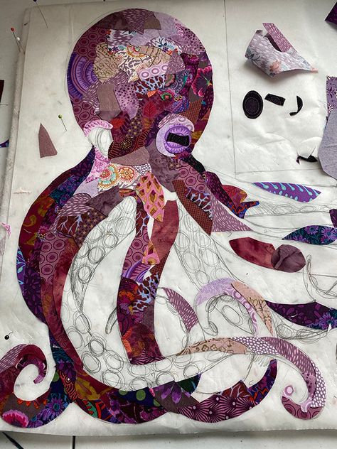 Sea Quilt, Applique Art, Fiber Art Quilts, Collage Art Projects, Paper Collage Art, Octopus Art, Animal Quilts, Garden Quilt, Collage Art Mixed Media