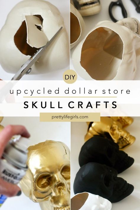 Halloween Skull Diy Decor, Macabre Decor Diy, Skull Party Ideas, Diy Black And Gold Decor, Dollar Store Skeleton Crafts, Skull Diy Decor, Diy Halloween Skull Decorations, Halloween Skulls Diy, Skull Crafts Diy Ideas