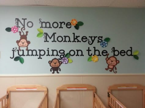 Monkey display for my infant room at my school.  Made it with Cricut. Infant Room Wall Decor Daycare, Infant Daycare Rooms Decor, Baby Classroom Ideas Daycares, Daycare Baby Room Ideas, Infant Daycare Room Ideas, Infant Room Daycare Decorations, Daycare Infant Room Ideas, Daycare Room Decor, Infant Room Bulletin Boards