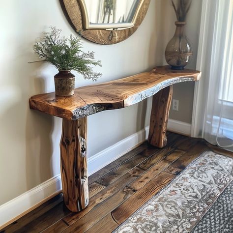 Pallet Entry Table Diy, Live Edge Entry Table, Live Edge Wood Projects, Home Entry Decor, Wood Console Table Entryway, Ideas Recibidor, Wood Hallway, Live Edge Console, Rustic Foyer