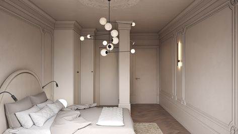 LYLA apartment on Behance White Platform Bed, Elegant Bedroom Design, Grand Open, Kitchen Arrangement, Neoclassical Interior, Wainscoting Panels, Classic Chandeliers, Island Countertops, Designer Bar Stools