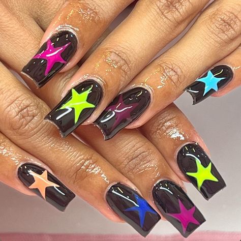 Neon Stars, Clean Nails, Black Neon, Star Nails, Neon Nails, Neon, Stars, Nails, Color