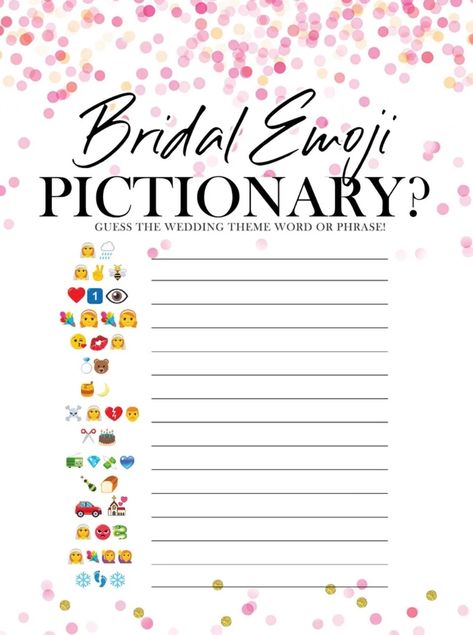 Kitchen Tea Games, Bridal Emoji Pictionary, Wedding Phrases, Bridal Shower Games Funny, Emoji Pictionary, Fun Bridal Shower Games, Emoji Games, Theme Words, Game To Play