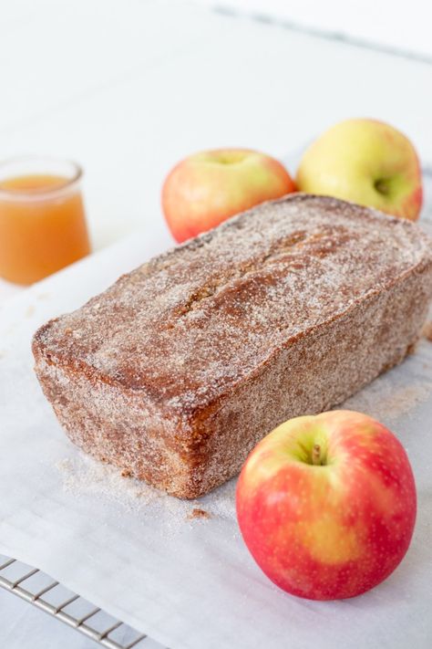 Apple Cider Cinnamon Donut Cake, Spiced Apple Cider Donut Loaf With Cinnamon Sugar Crust, Apple Cider Doughnut Loaf Cake, Apple Cider Donut Loaf Cake, Apple Cider Loaf Cake, Apple Cider Bread Recipes, Apple Cider Donut Bread, Donut Loaf Cake, Apple Cider Donut Loaf