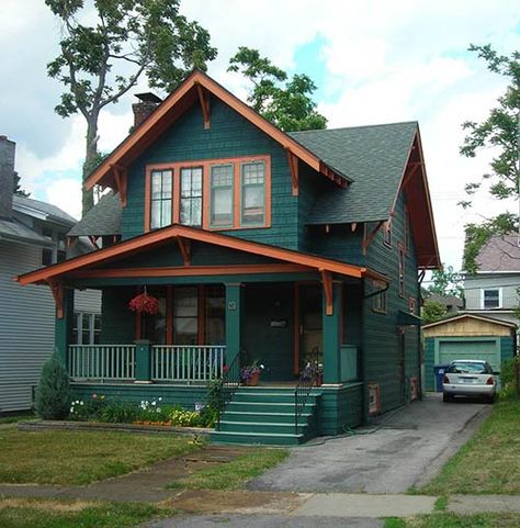 Bright Bungalow Exterior, Teal And Cedar House Exterior, Quirky Exterior House Colors, Bohemian House Exterior Paint Colors, 40s House Exterior, Teal Colored Houses Exterior, Jewel Tone House Exterior, Emerald House Exterior, Jewel Tone Exterior House Paint