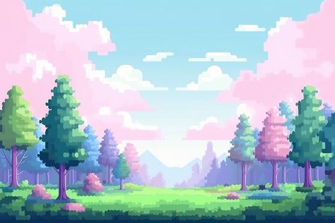 Forrest pixel backgrounds landscape outdoors. | free image by rawpixel.com 2d Pixel Art Background, Pixel Background Landscape, Pixel Game Background, Cloud Pixel Art, Backgrounds Landscape, 2d Game Background, Pixel Game, Pixel Art Background, Pink Forest