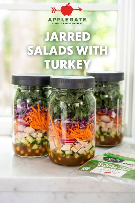 Using sturdy, crunchy veggies like kale, cucumbers, cabbage and carrots ensures that this hearty salad stays crisp in the fridge for several days, making it an ideal make-ahead lunch. Jarred Gifts, Softball Snacks, Plant Based Salads, Mason Jar Meal Prep, Salad Board, Big Salads, Turkey Easy, Cabbage And Carrots, Grilled Chicken Strips