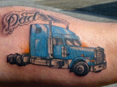 Semi Truck Memorial Tattoo, Driving Tattoo Ideas, Keep Driving Tattoo, Semi Truck Tattoo, Driving Tattoo, Honor Tattoo, Rip Tattoos For Dad, Rip Dad, Truck Tattoo