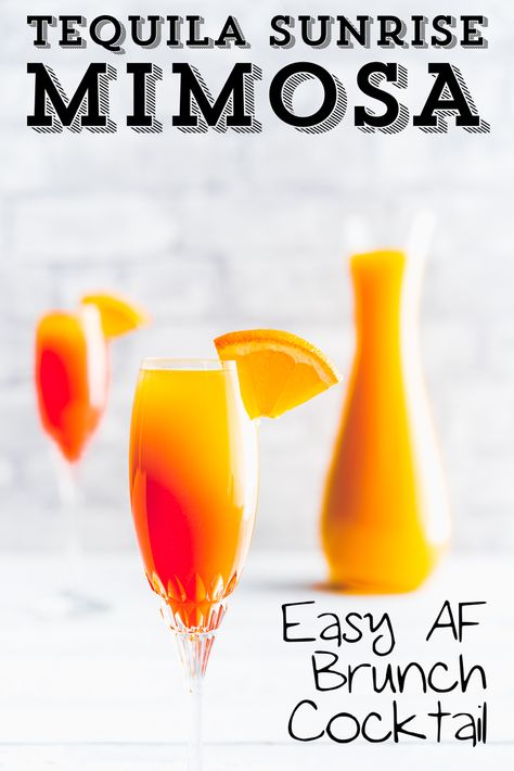 Tequila Sunrise Mimosa, Brunch Tequila Drinks, Sunrise Mimosa Recipe, Mexican Mimosa Recipe, Tequila Brunch Cocktails, Mexican Brunch Drinks, Tequila Mimosa, Brunch Margaritas, Brunch Cocktails Easy