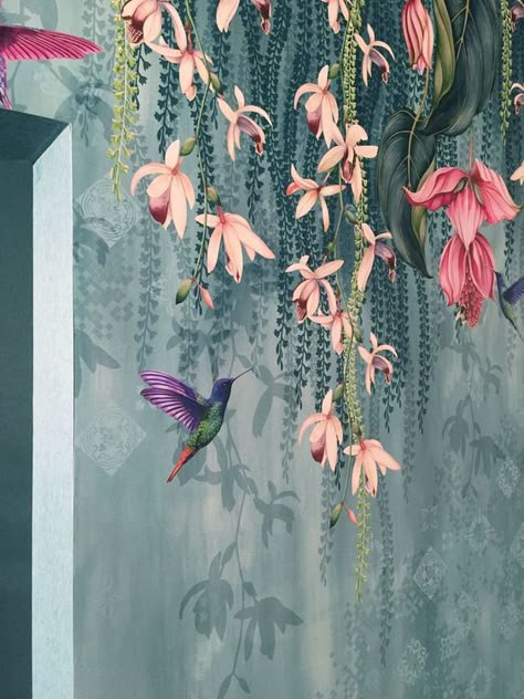 Bathroom Wall Mural, Hummingbird Wallpaper, Orchid Wallpaper, Wallpaper Australia, Wallpaper Decor, Mural Wall Art, Mural Painting, Mural Art, Hummingbirds