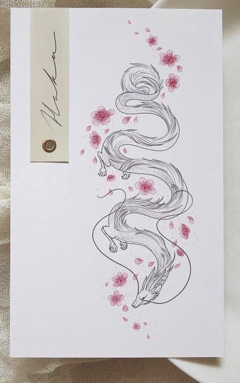 Dragon And Sakura Tattoo, Sakura Dragon Tattoo, Haku Spine Tattoo, Haku Tattoo Design, Haku Dragon Tattoo Design, Sakura Tattoo Design, Haku Dragon Tattoo, Tattoo Sakura, Haku Tattoo