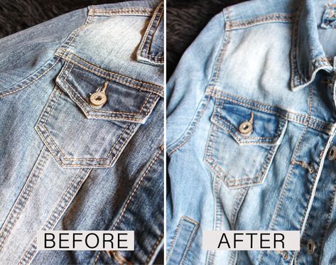 How to Lighten a Denim Jacket With Bleach - EMILY BELLOMA How To Soften A Jean Jacket, How To Lighten Jeans Diy, How To Lighten Denim, Diy Distress Jean Jacket, Lighten Jeans, How To Soften Denim Jacket, How To Lighten Jeans, How To Distress Denim Jacket Diy, Diy Cropped Jean Jacket