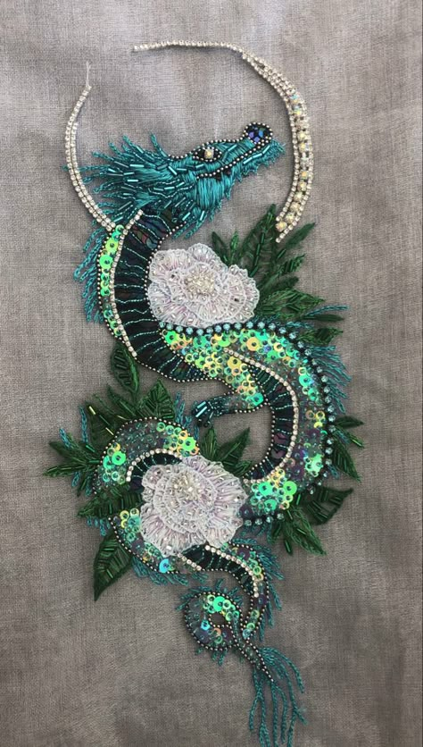 Beaded Fabric Embroidery, Beaded Designs On Fabric, How To Embroider With Beads, Beading Embroidery On Fabric, Hand Bead Embroidery Designs, Bead Embroidery Ideas, Beaded Embroidery On Fabric, Dragon Embroidery Pattern, Embroider Beads