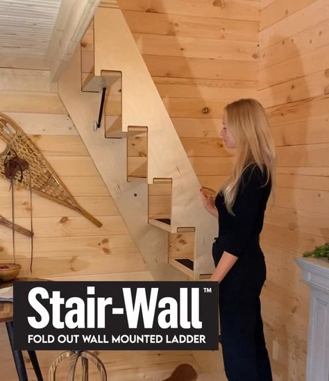 S A W M I L L S T R U C T U R E S on Instagram: “Sawmill Structures™ is very proud to introduce our patent pending wall mounted fold out stair/ladder! Meet Stair-Wall™ Stair Wall™ is the…” Stairs That Fold Against The Wall, Folding Stairs Space Saving, Attic Stairs Ideas Space Saving, Stairs For Tight Spaces, Stairs For Small Spaces, Folding Staircase, Small Space Staircase, Folding Attic Stairs, Arizona Room