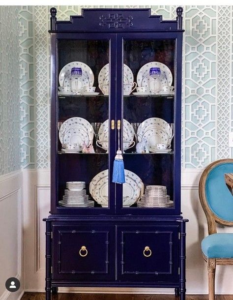 Brown Furniture - How To Make it Look Classic and Fresh | Laurel Home Bamboo China Cabinet, Early American Furniture, Painted China Cabinets, Bamboo Cabinets, Eclectic Dining Room, Eclectic Dining, Provincial Furniture, Lacquer Furniture, Apartments Decorating