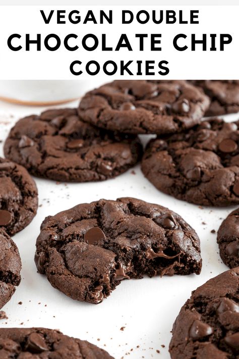 Vegan double chocolate chip cookies are fudgy, gooey, soft, and chewy! This quick and easy dessert recipe is made with one bowl, dairy-free, and can be gluten-free. It's a delicious treat that's perfect for chocolate lovers! #vegancookies #vegandessert #chocolatechipcookies #vegandessertrecipes #easydessert #chocolatelover #doublechocolatecookies Forest Cliff, Autumn Desserts, Vegan Chocolate Cookies, Large Cookies, Hosting Ideas, Gf Baking, Vegan Cookies Recipes, Baking 101, Healthier Desserts