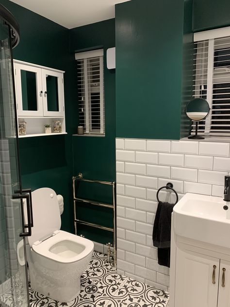 Dark green bathroom valspar metro tiles Matt black taps vintage Victorian bathroom renovation Dark Green Bathroom, Green Bathroom Interior, Makeover Kamar Mandi, Dark Green Bathrooms, Green Bathroom Decor, Small Toilet Room, Victorian Bathroom, Small Bathroom Makeover, Bathroom Color