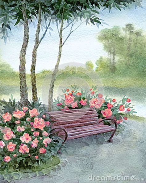 Park Bench Drawing, Bench In Park, Bench Drawing, Mom Painting, Web Illustration, Tree Garden, Kids Painting, Water Colours, Spring Painting