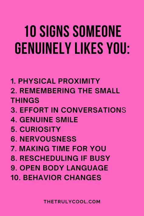 Here's the list of signs you should look out for to know if someone genuinely likes you.  Make sure to save it. How To Know Someone Like You, Signs Your Crush Likes You, Signs Someone Like You, How To Know If Someone Like You, How To Know If You Like Someone, Signs That A Boy Likes You, How To Know If A Guy Likes You Signs, How To Know If A Boy Likes You, Signs Guys Like You